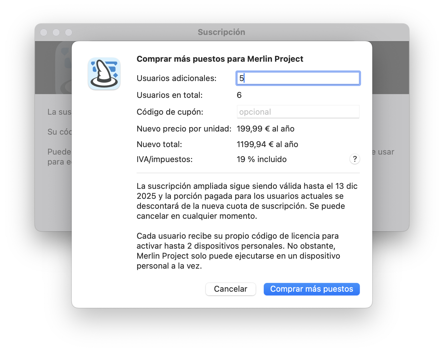 Añadir licencias a la suscripción Merlin Project Añadir licencias a la suscripción Merlin Project