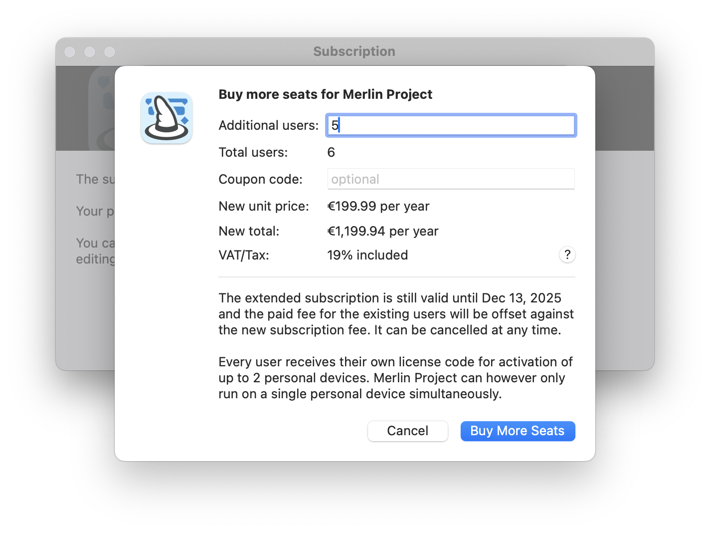 Add Licenses to Merlin Project subscription
