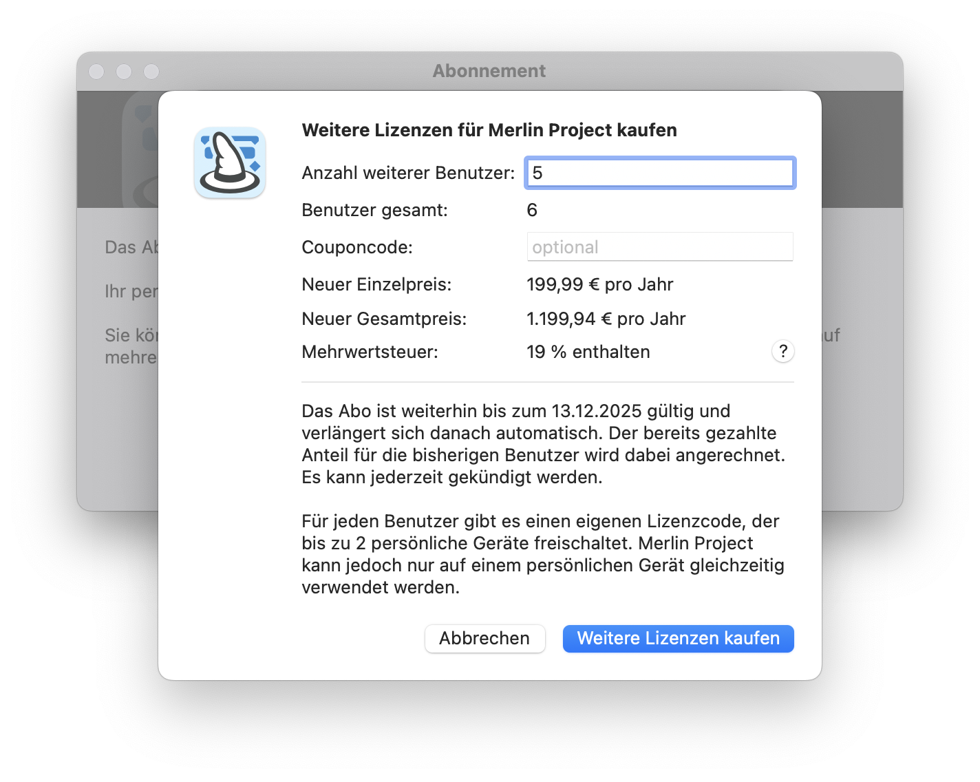 Lizenzen zum Merlin Project Abonnement hinzufügen Lizenzen zum Merlin Project Abonnement hinzufügen