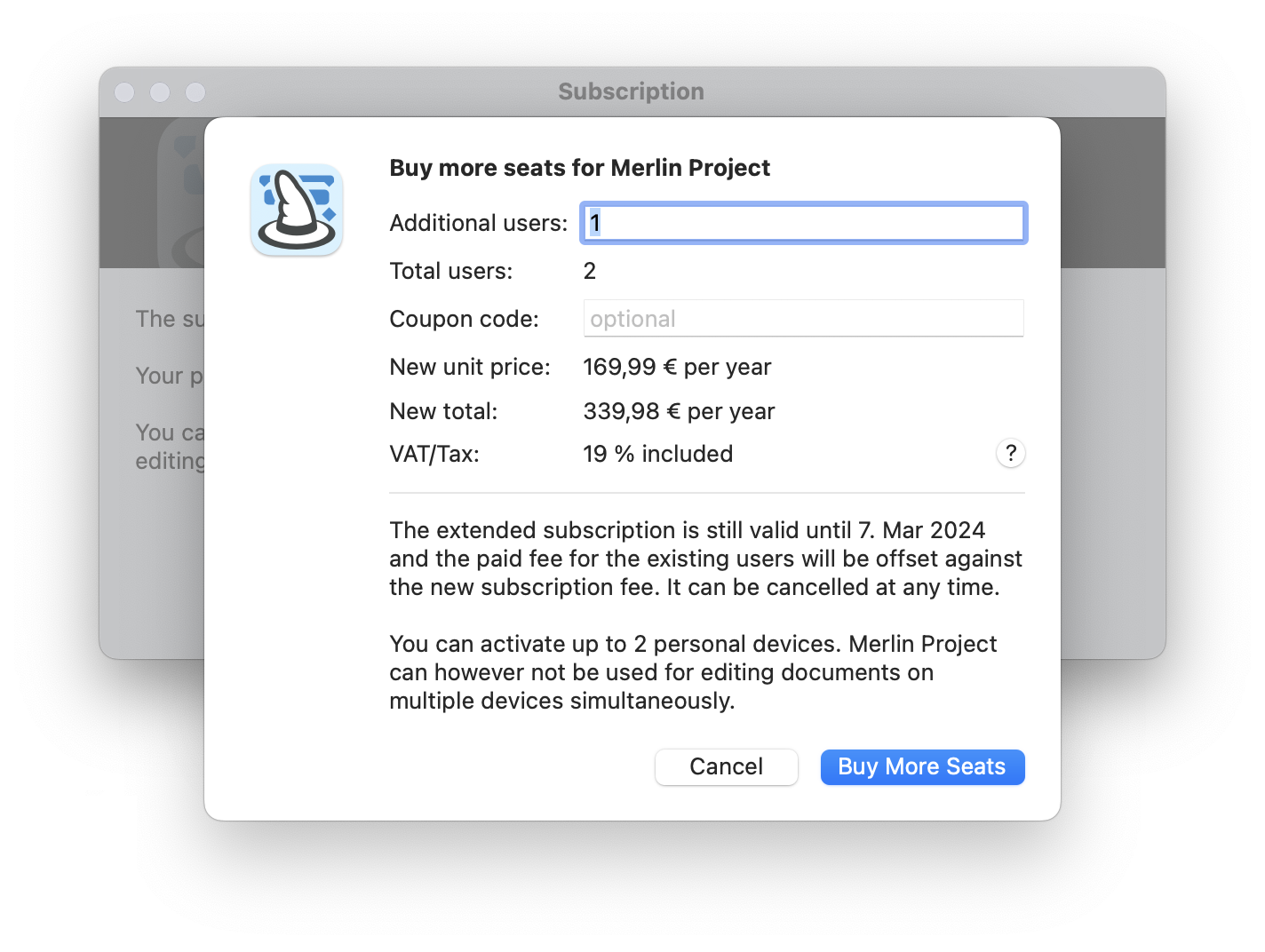 Add Licenses to Merlin Project subscription