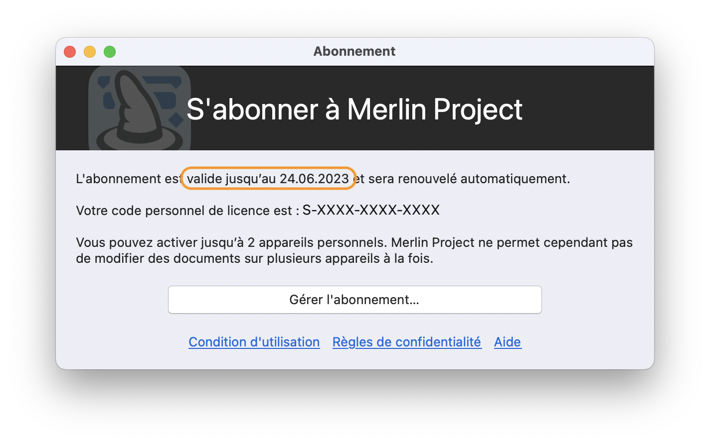 Validité de l'abonnement dans Merlin Project