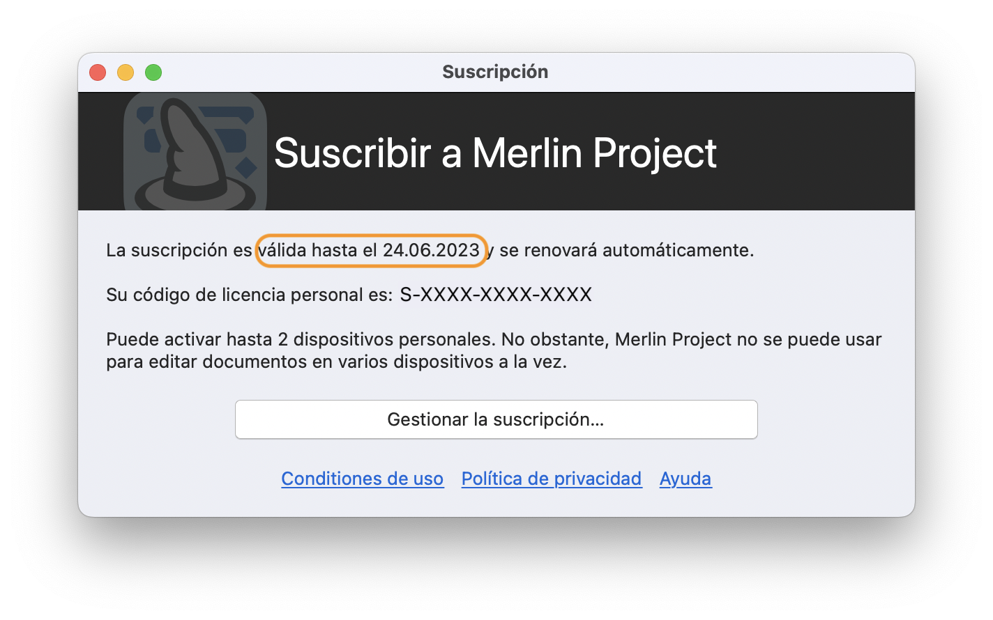 Validez de la suscripción en Merlin Project