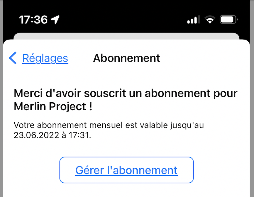 Validité de l'abonnement dans Merlin Project sur iOS