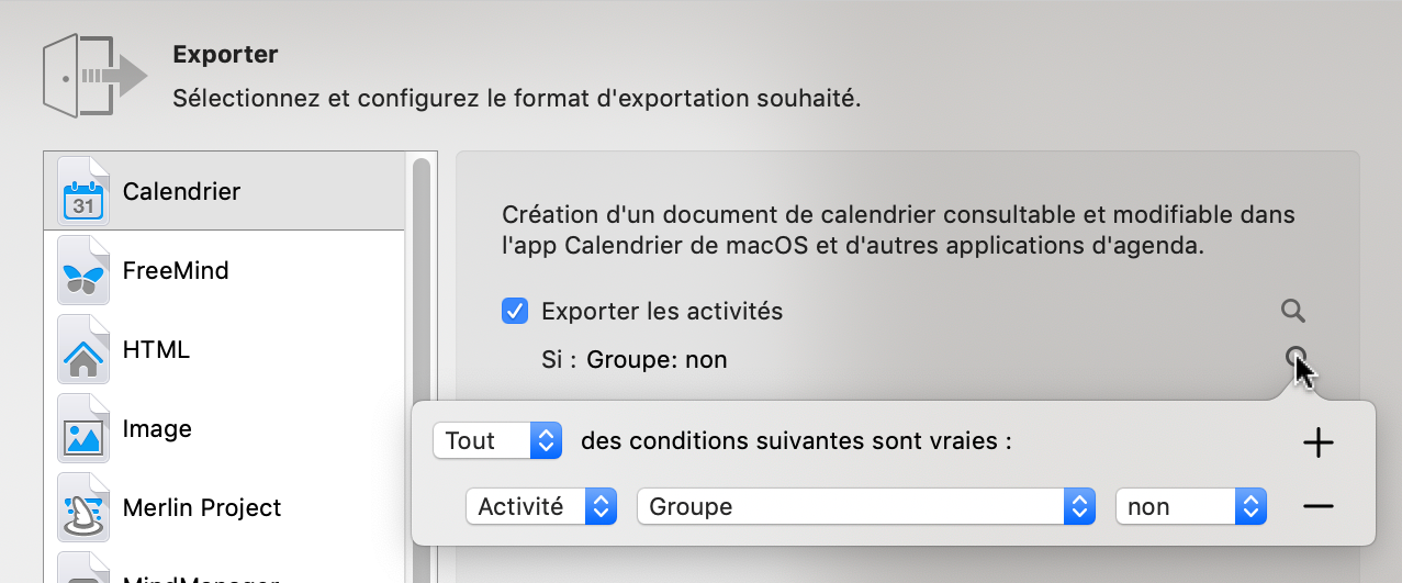 Exportation -> Calendrier : filtrer les éléments