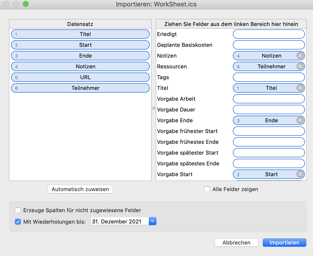 Vorgänge importieren