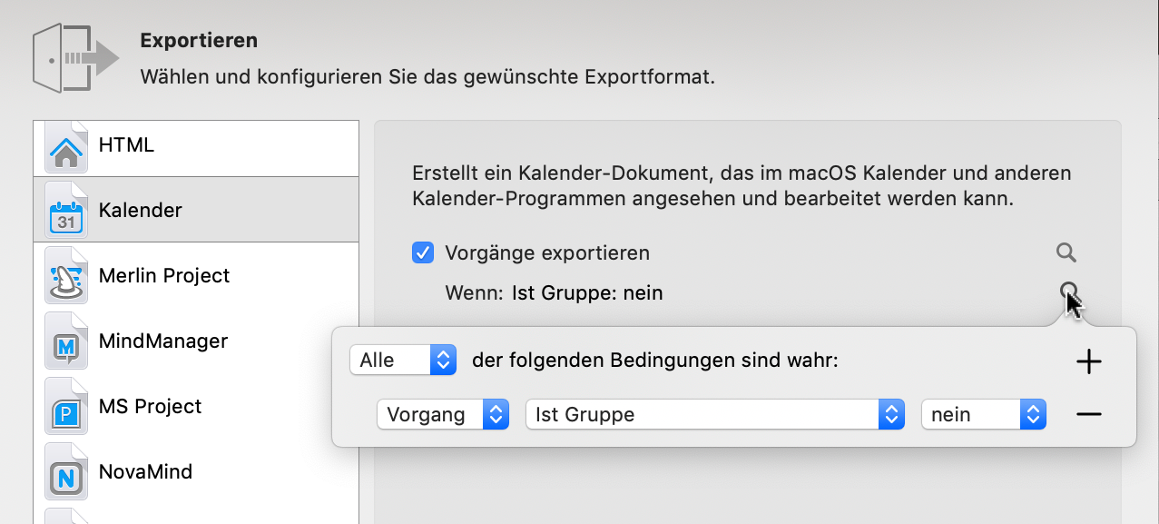 Export -> Kalender: Elemente filtern