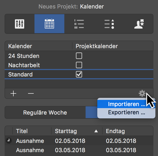 Kalenderausnahmen importieren