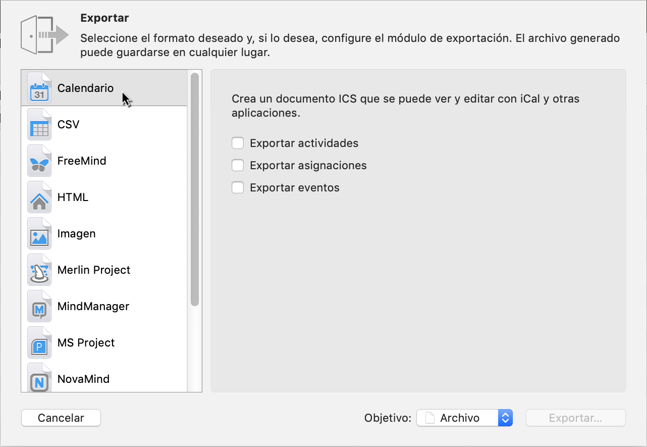 Exportar -> Calendario