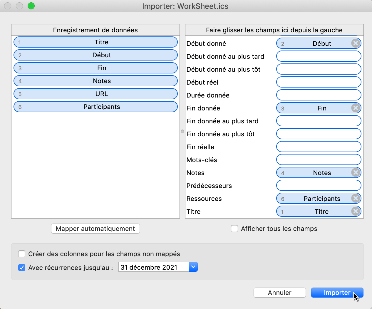 Importer des activités