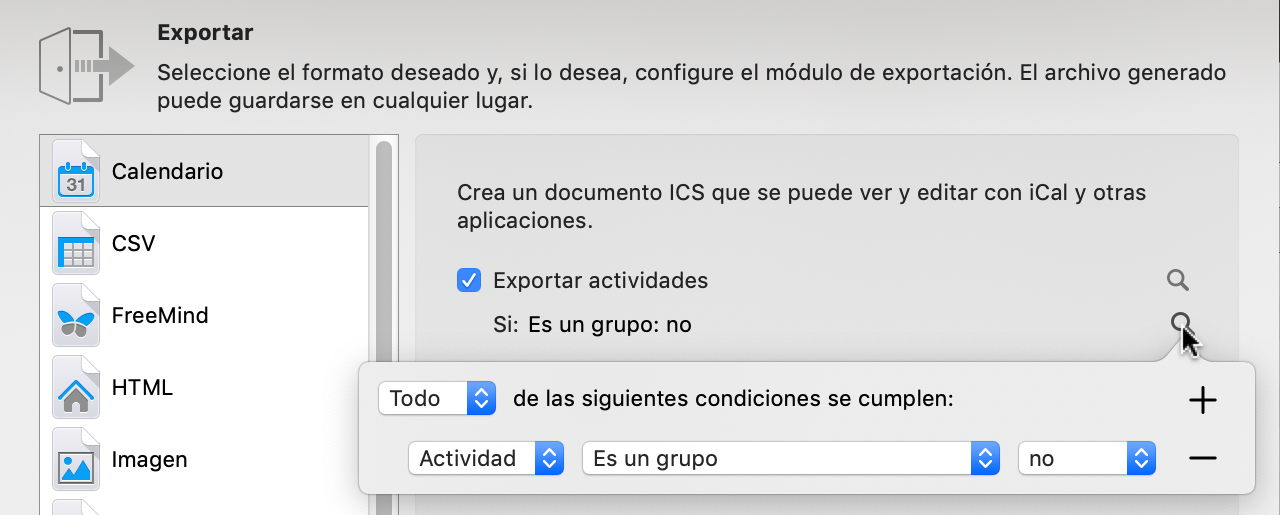 Exportar -> Calendario: filtrar los elementos