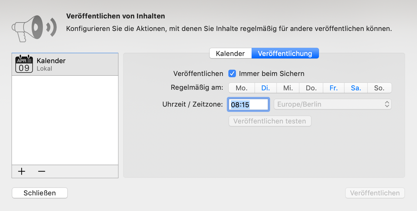 Veröffentlichen -> Kalender: Festlegen, wann eine Aktion ausgelöst wird