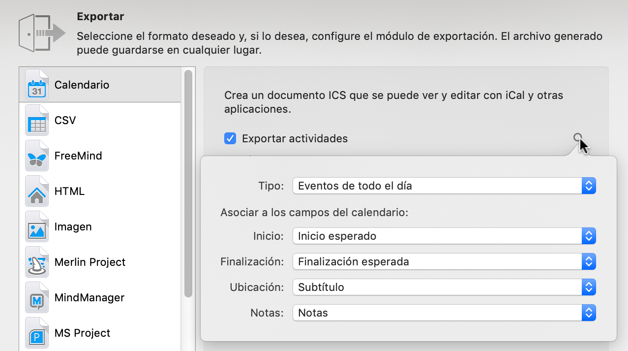Exportar -> Calendario: comprobar y reasignar los campos