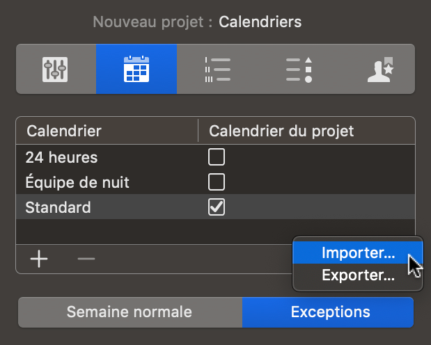Importer les exceptions du calendrier