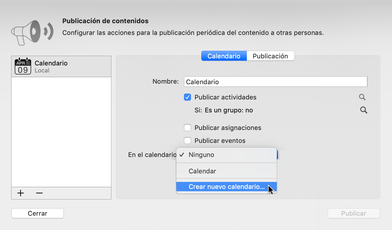 Publicar -> Calendario: En el calendario