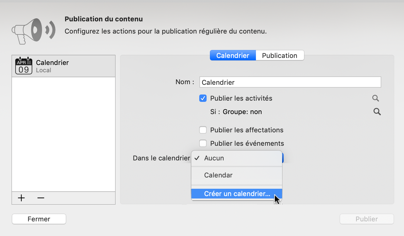 Publier -> Calendrier : Dans le calendrier