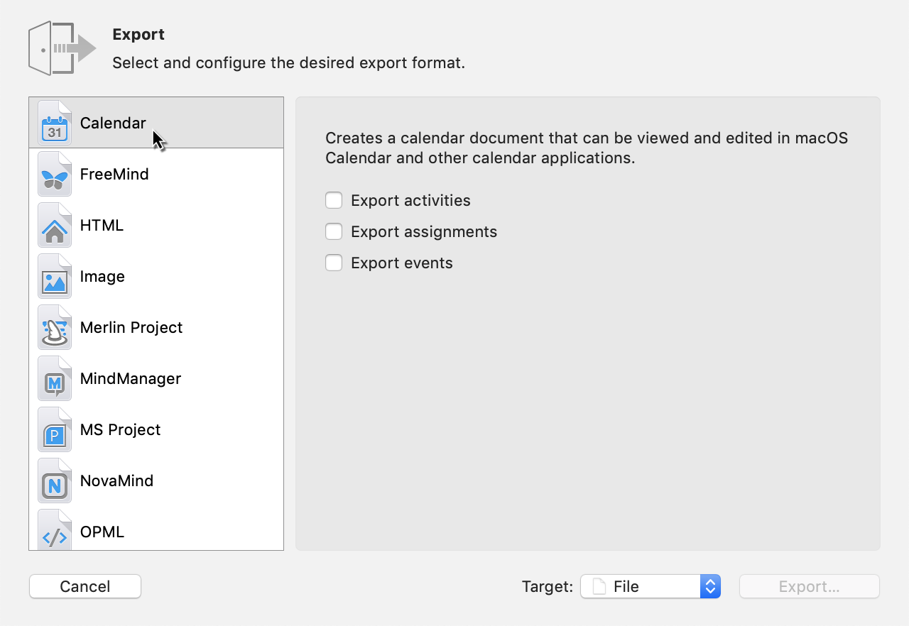 Export -> Calendar Export -> Calendar