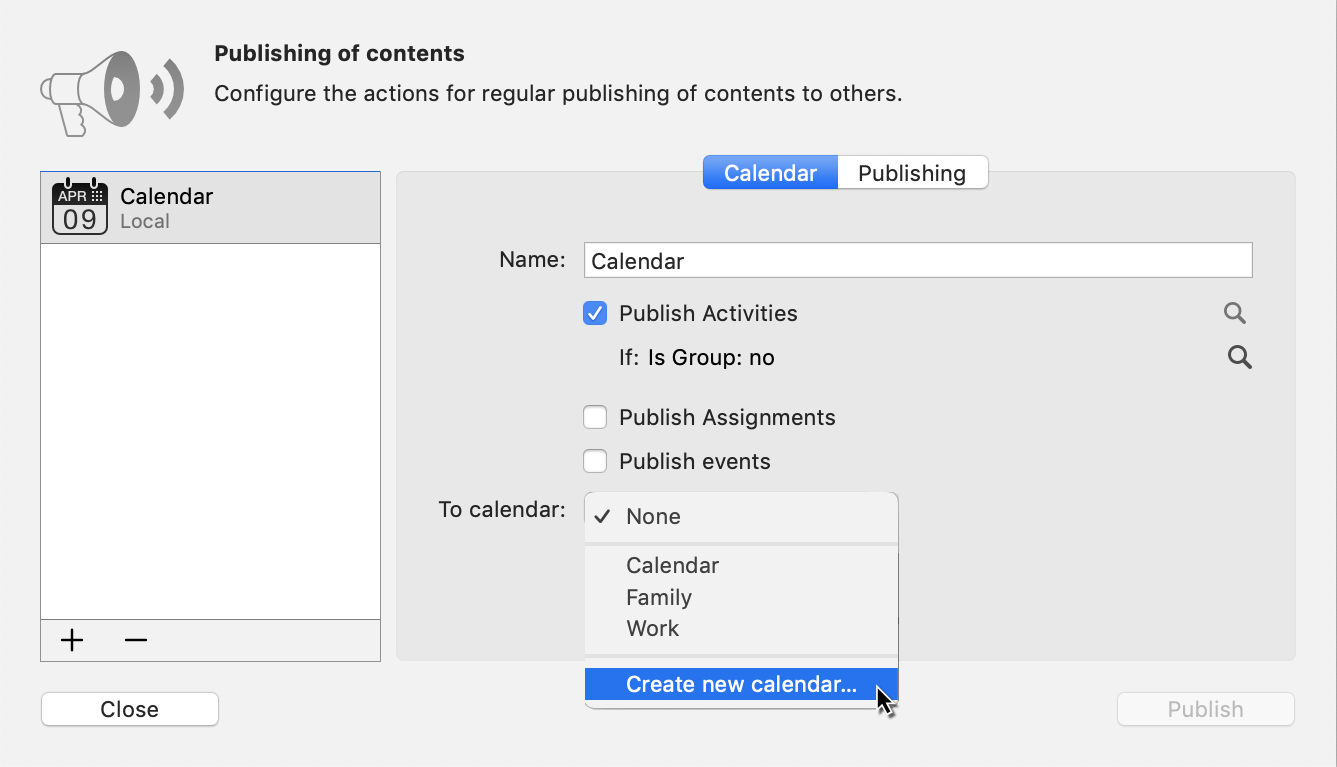 Publish -> Calendar: In Calendar