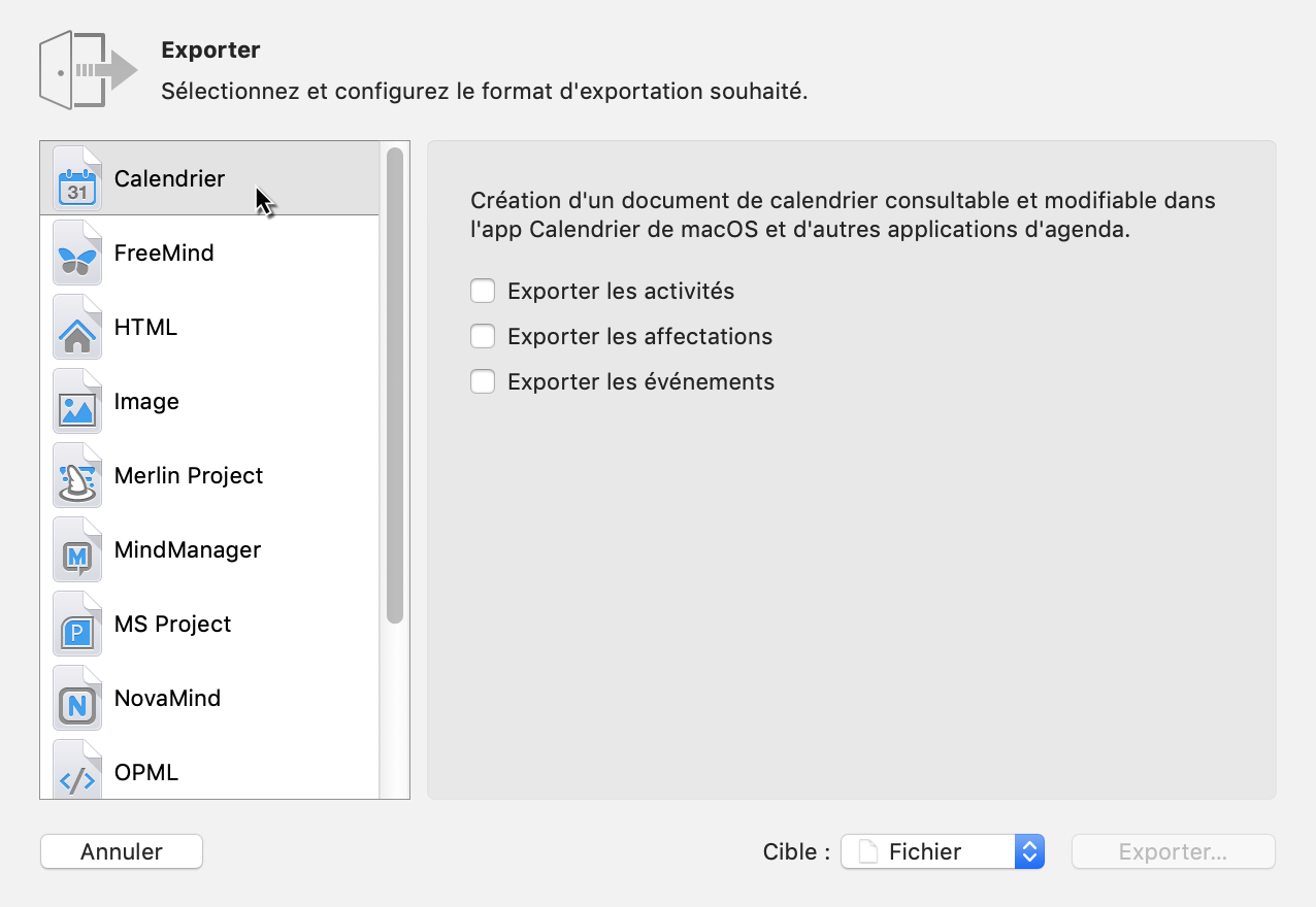 Exportation -> Calendrier Exportation -> Calendrier