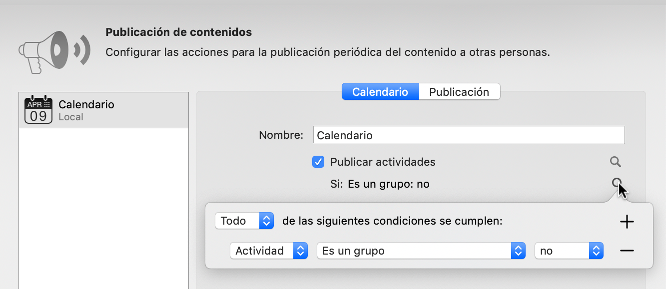 Publicar -> Calendario: filtrar los elementos