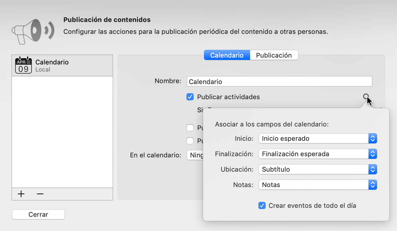 Publicar -> Calendario: comprobar y reasignar los campos