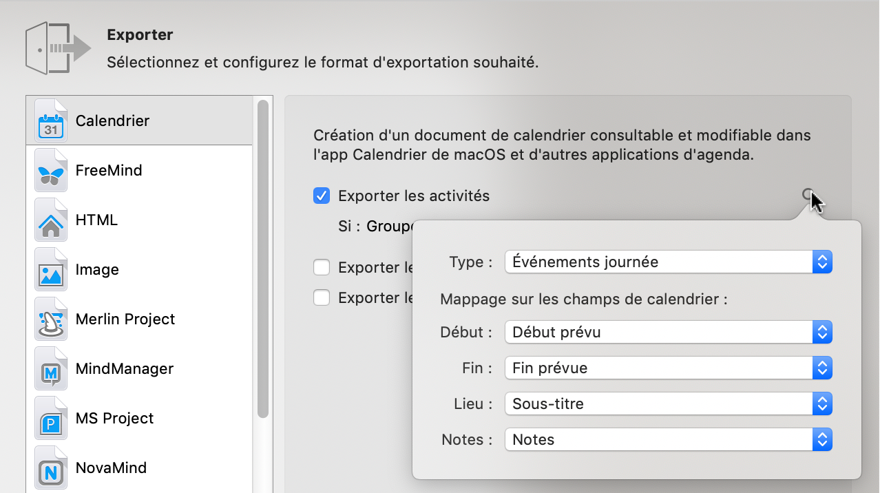 Exportation -> Calendrier : vérifier et réaffecter les champs