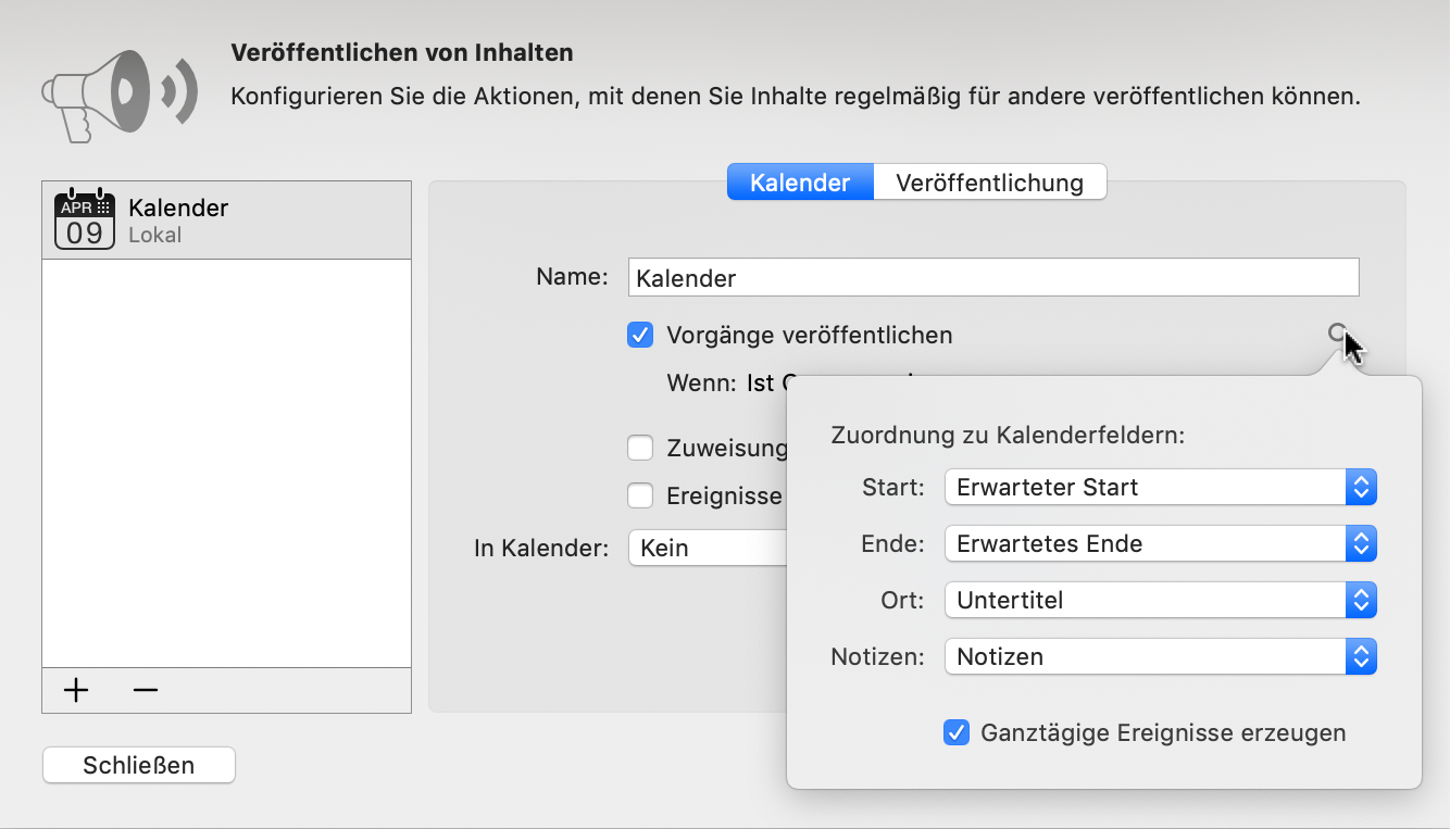 Veröffentlichen -> Kalender: Felder prüfen und neu zuordnen