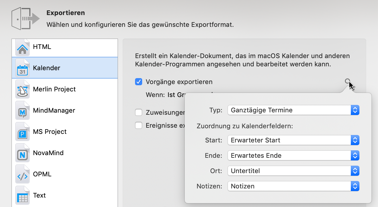 Export -> Kalender: Felder prüfen und neu zuordnen