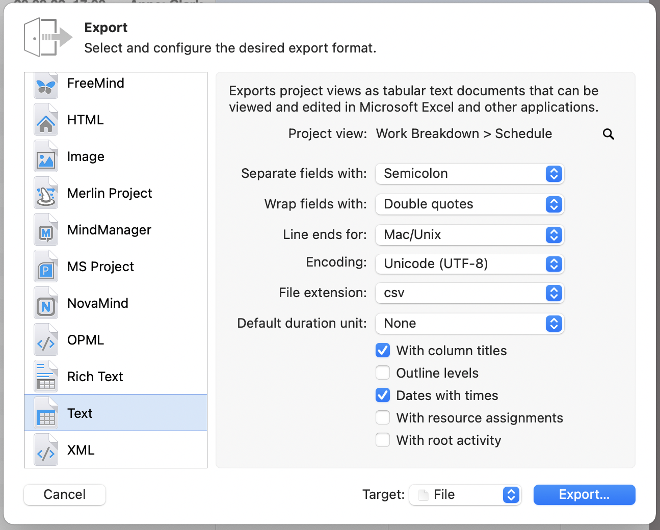 File > Export > Text File > Export > Text
