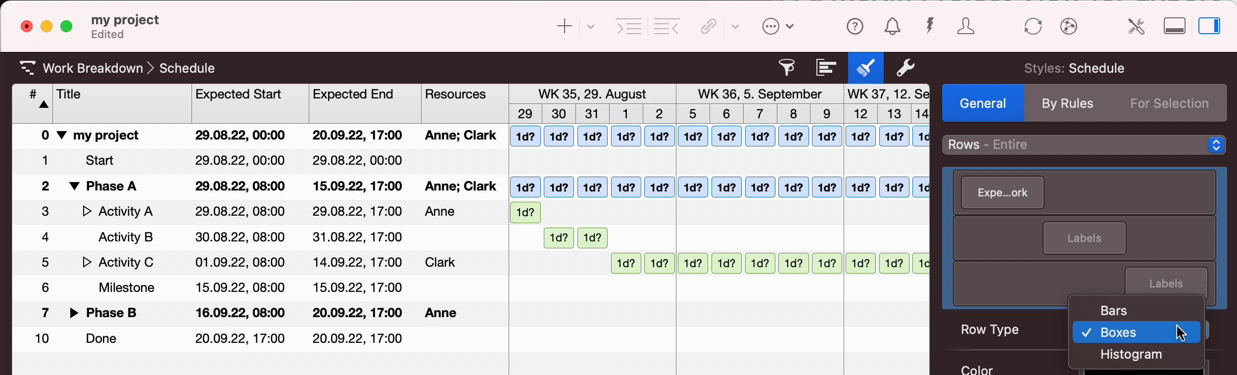 A Merlin Project tabular view with Boxes A Merlin Project tabular view with Boxes