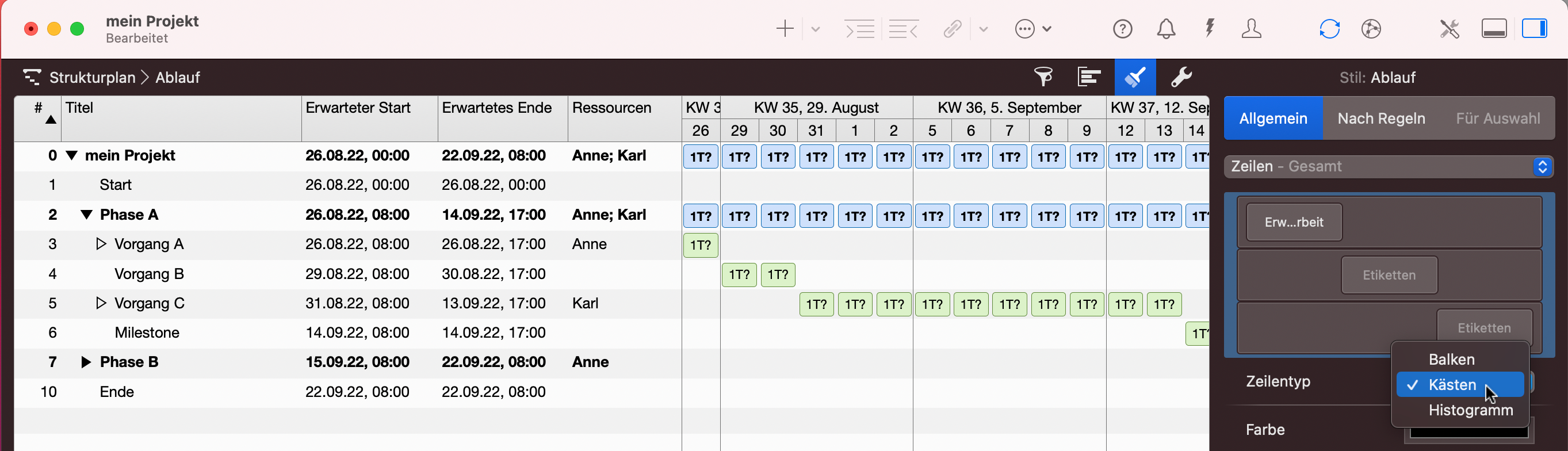 Tabellarische Ansicht eines Merlin-Projekts mit Kästen