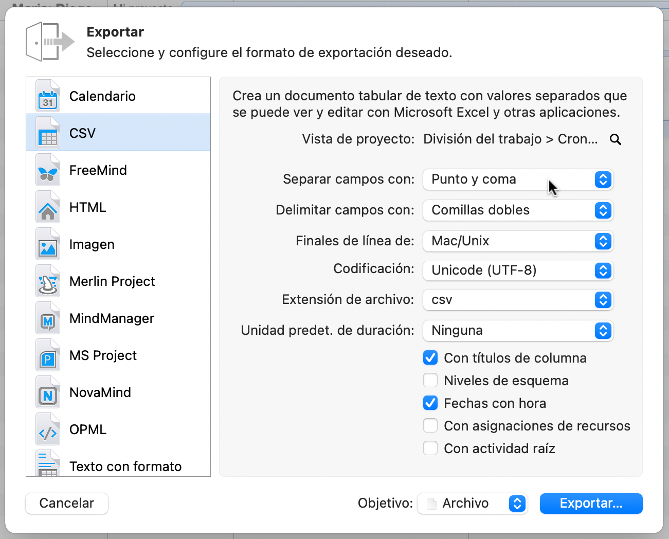 Archivo > Exportar > csv Archivo > Exportar > csv