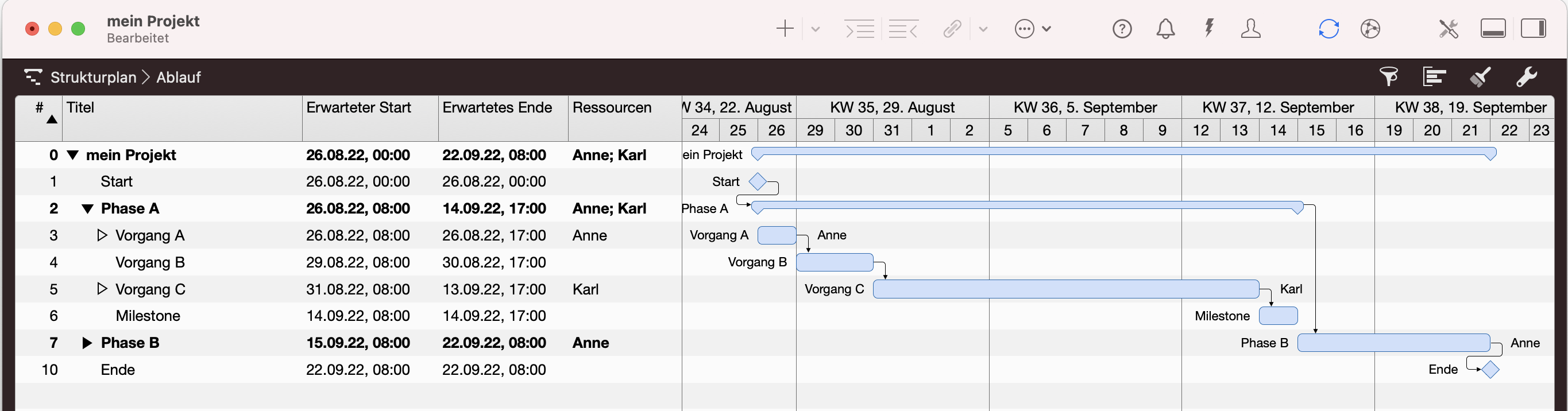 Eine tabellarische Merlin-Projektansicht mit Gantt Eine tabellarische Merlin-Projektansicht mit Gantt