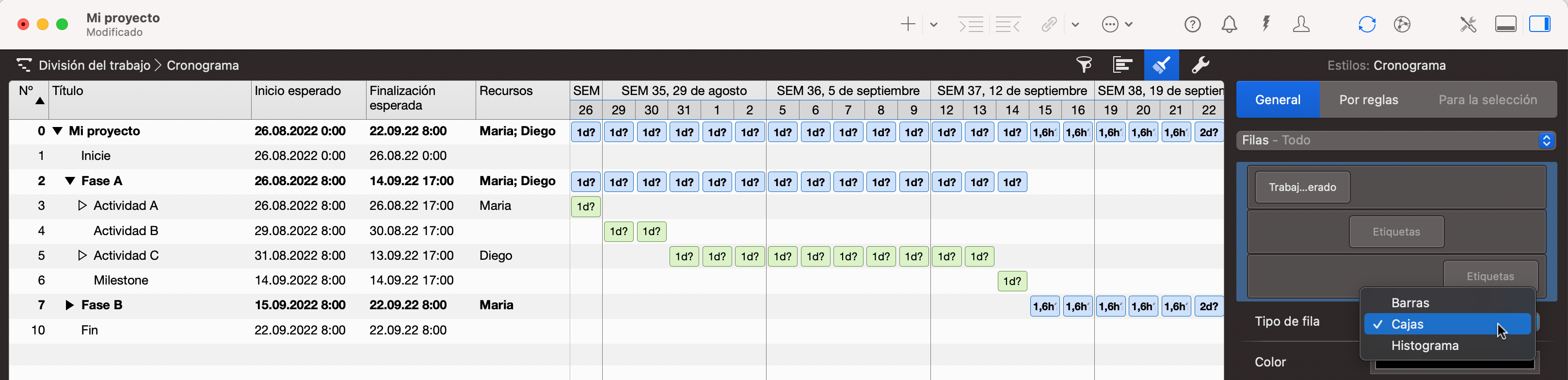 Una vista tabular del Proyecto Merlin con Cajas
