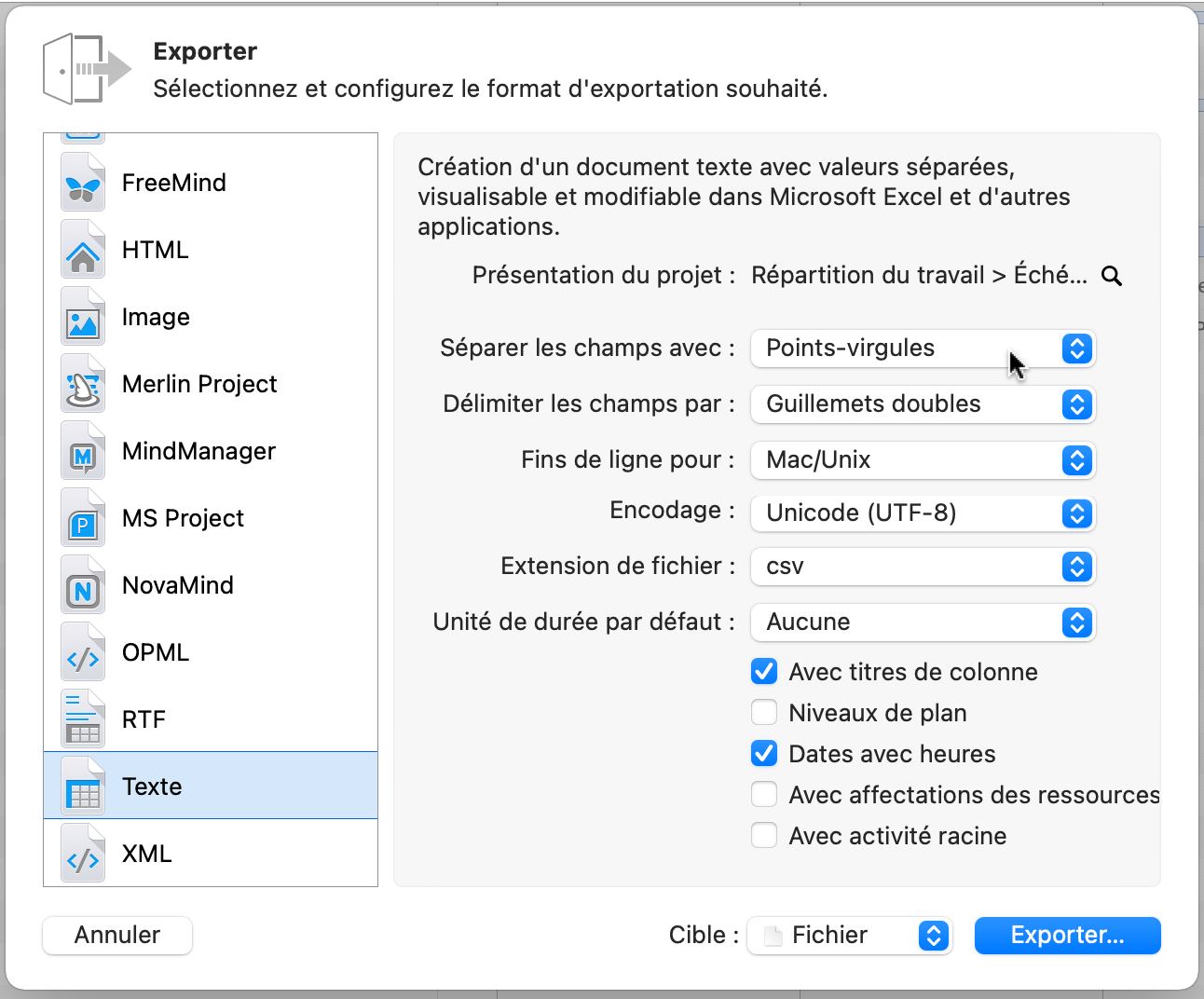 Fichier > Exporter > Texte Fichier > Exporter > Texte