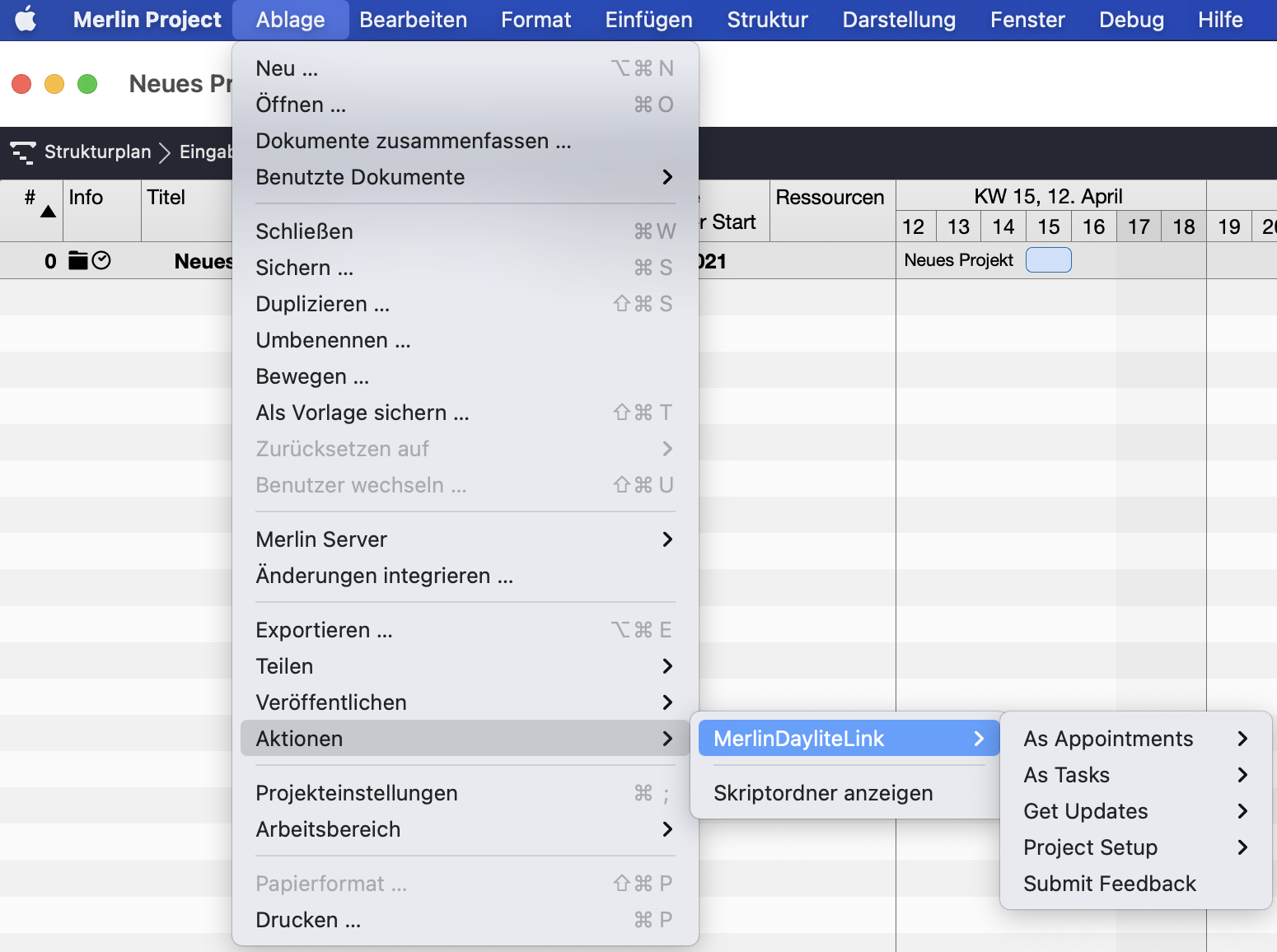 Merlin Project Menü mit MerlinDayliteLink