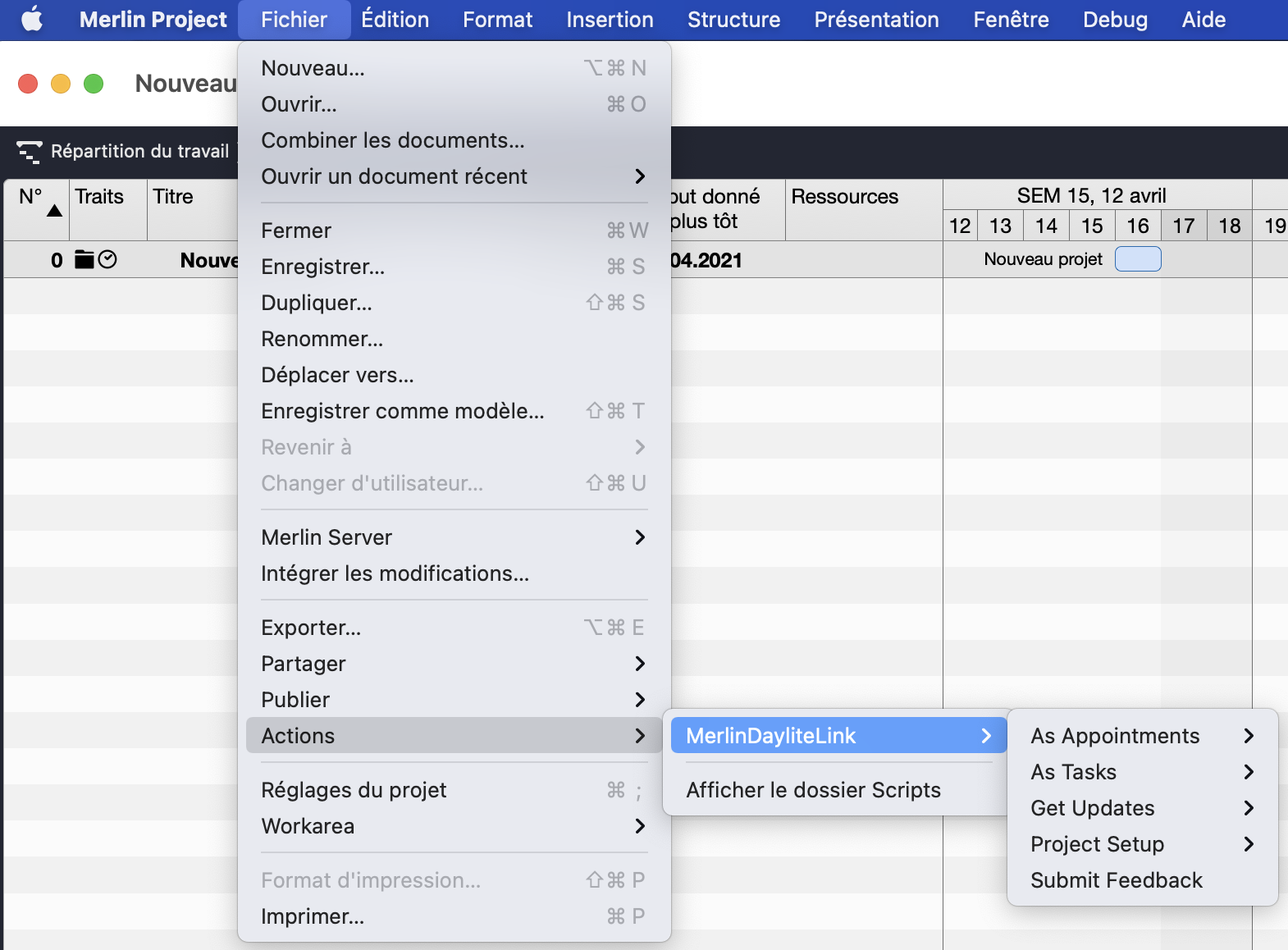 Menu de Merlin Project avec MerlinDayliteLink