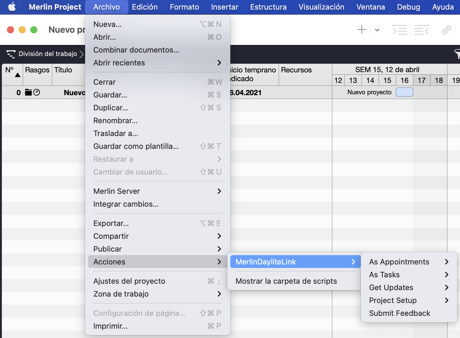 Menú de Merlin Project con MerlinDayliteLink