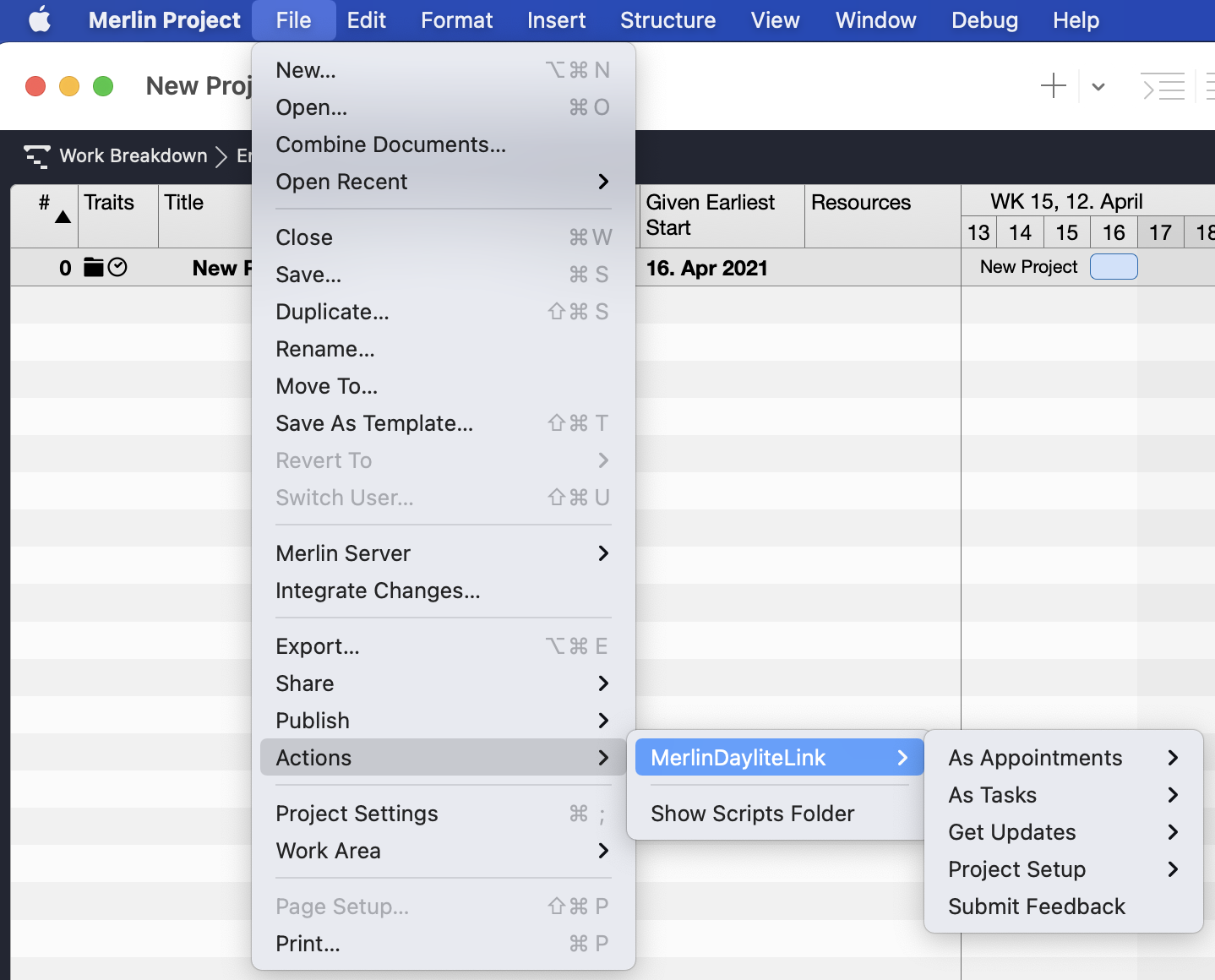 Merlin Project menu with MerlinDayliteLink