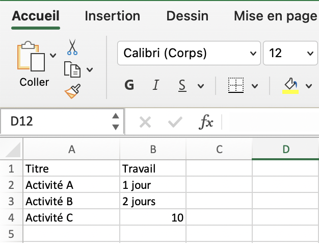 Feuille Excel