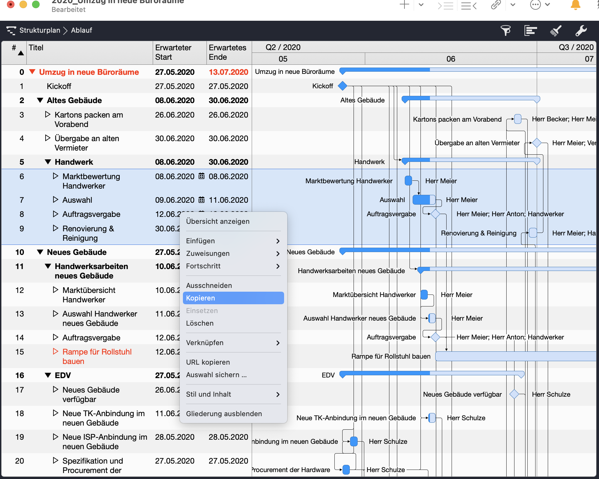 Vorgänge in die Zwischenablage kopieren