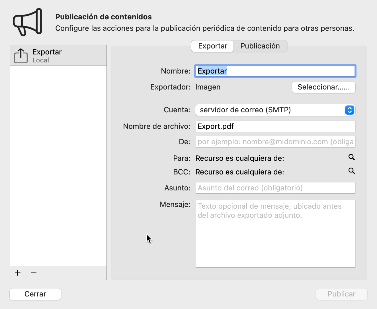 Configurar - Publicar y envío automático de correo electrónico