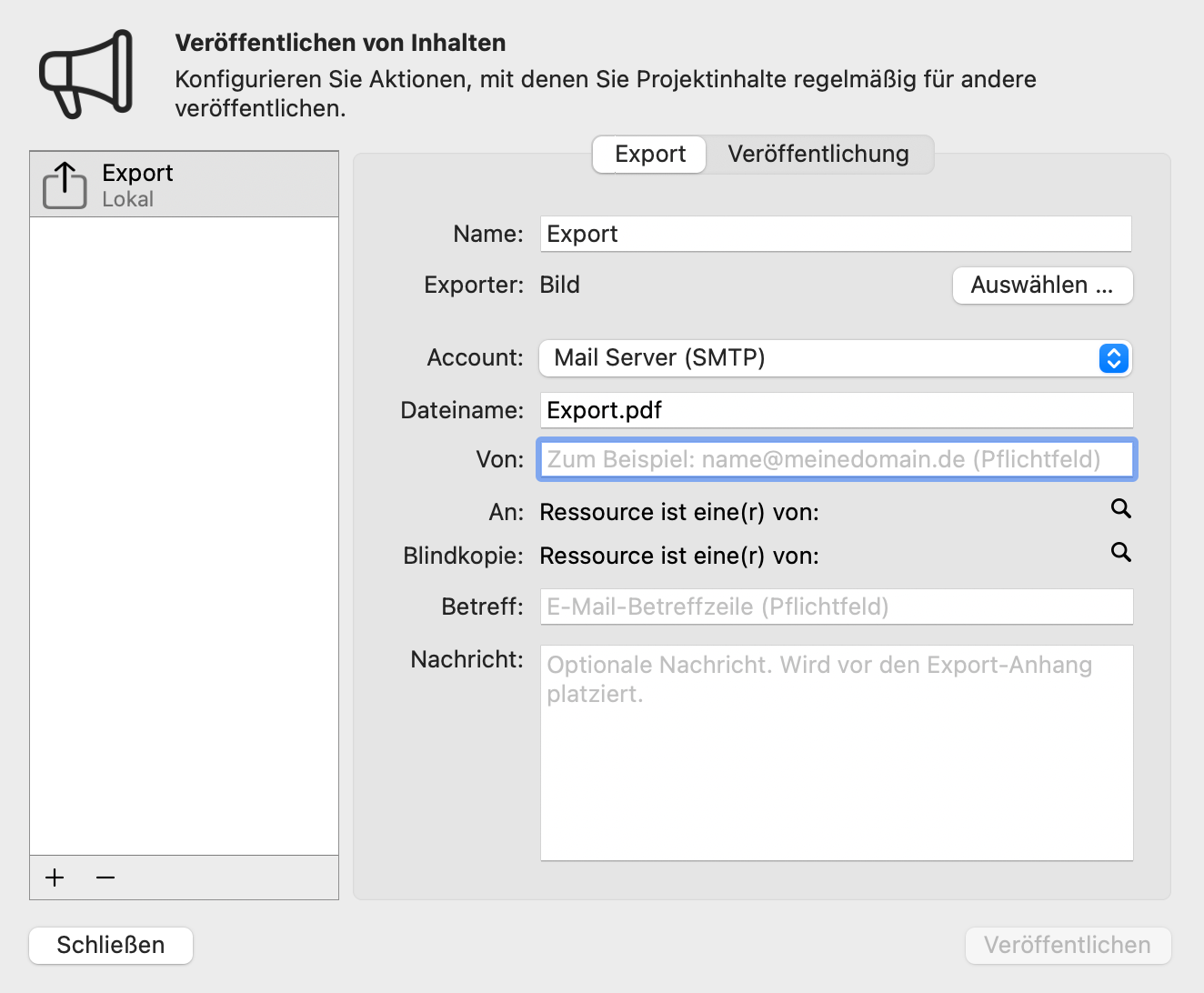 Konfigurieren - Veröffentlichen + automatischer E-Mail-Versand