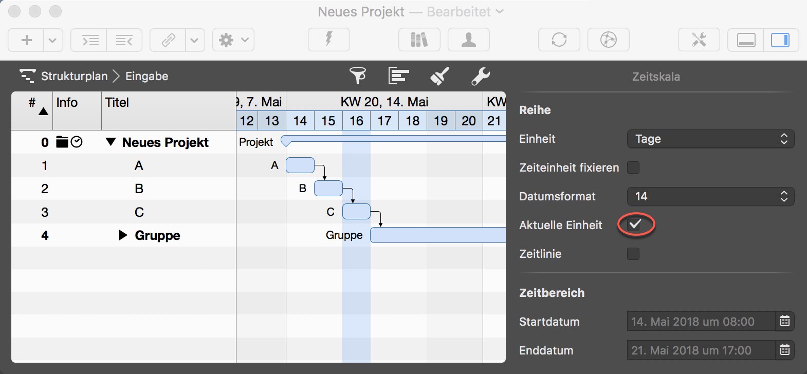 Aktuelle Einheit der Zeitskala anzeigen