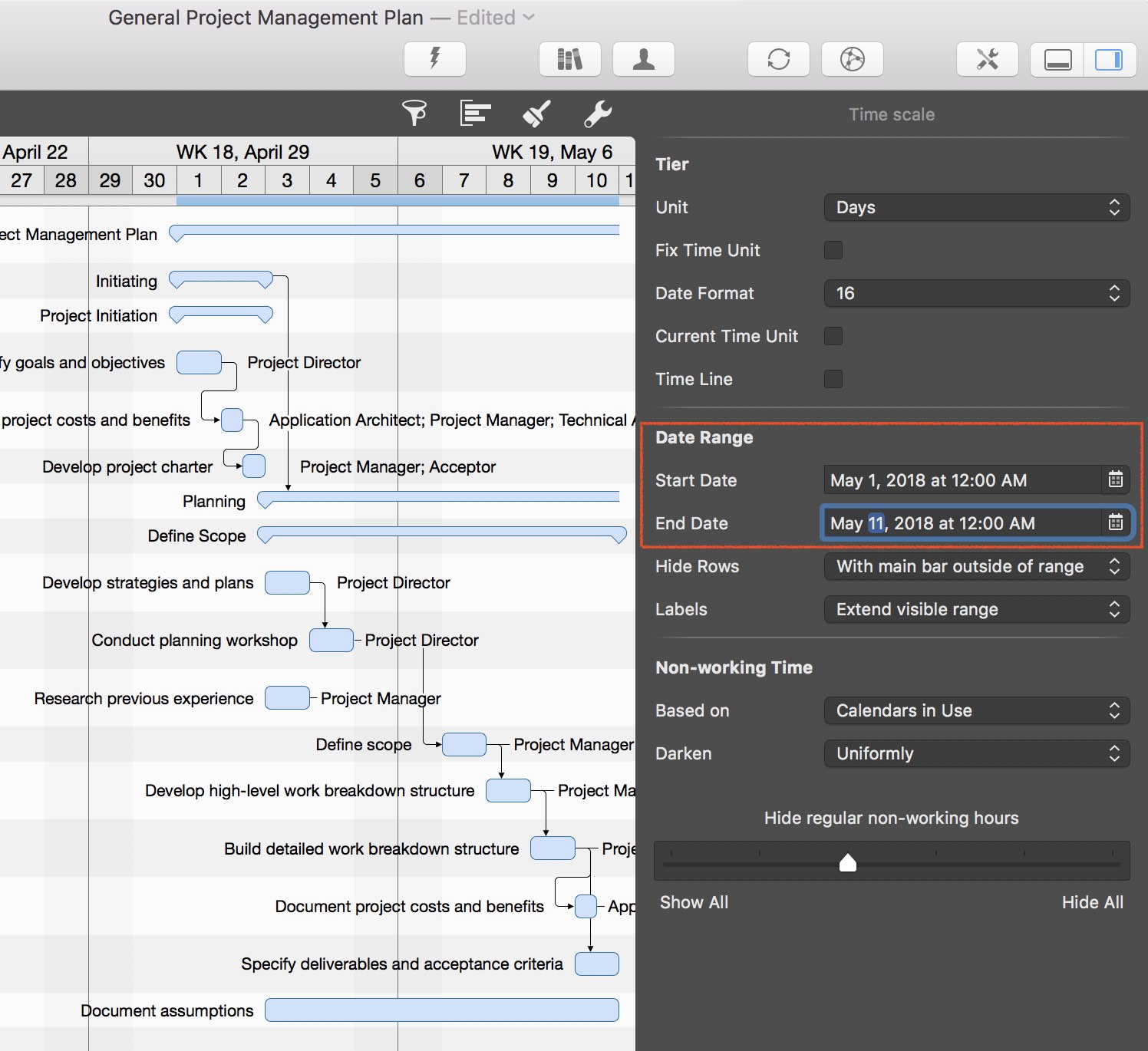 Limit the date range in Merlin Project