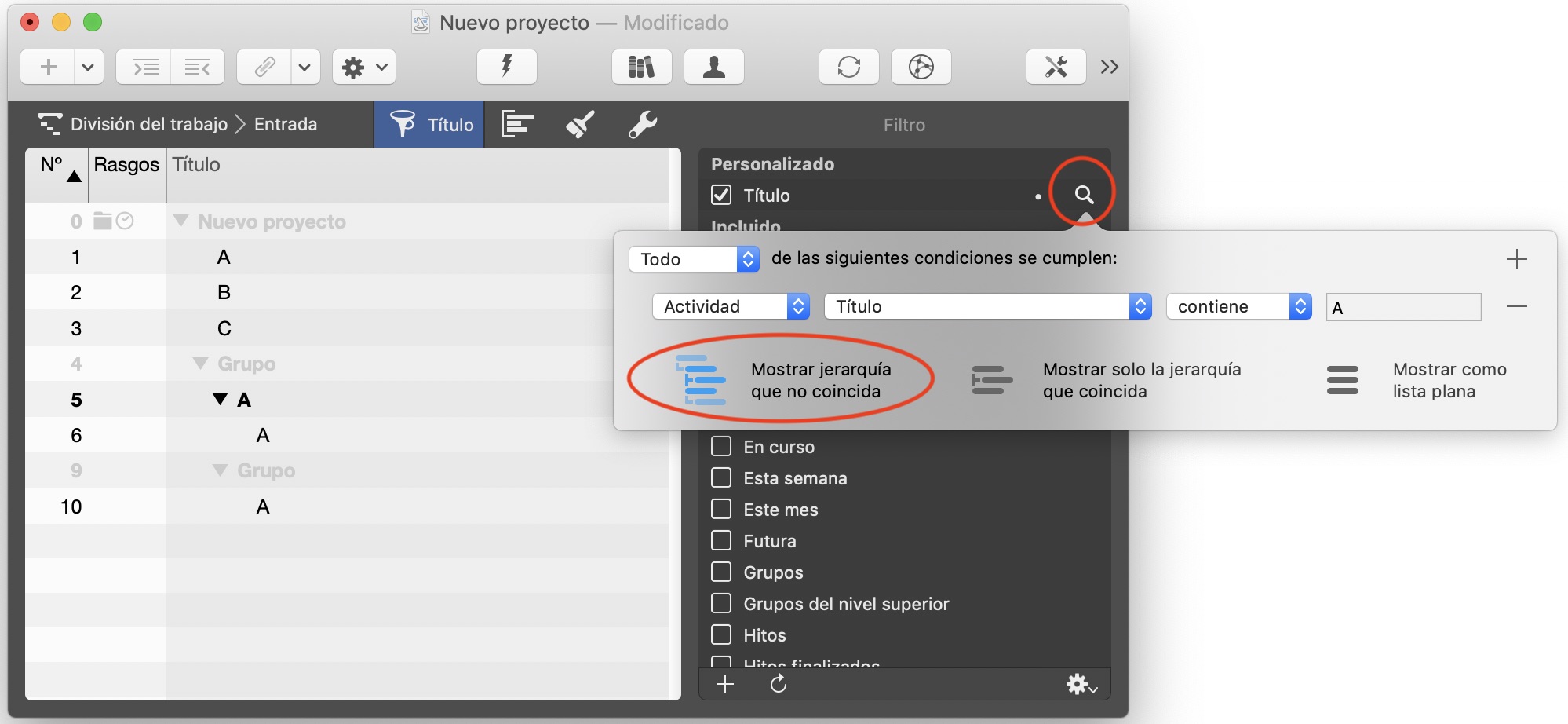Resultados filtrados en Merlin Project