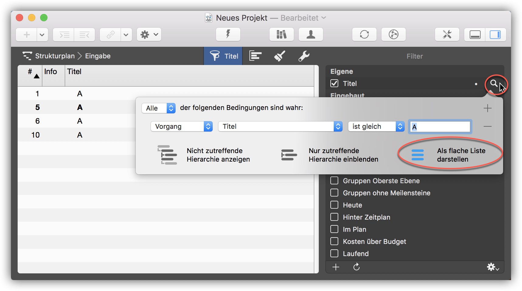 Filterergebnisse in Merlin Project