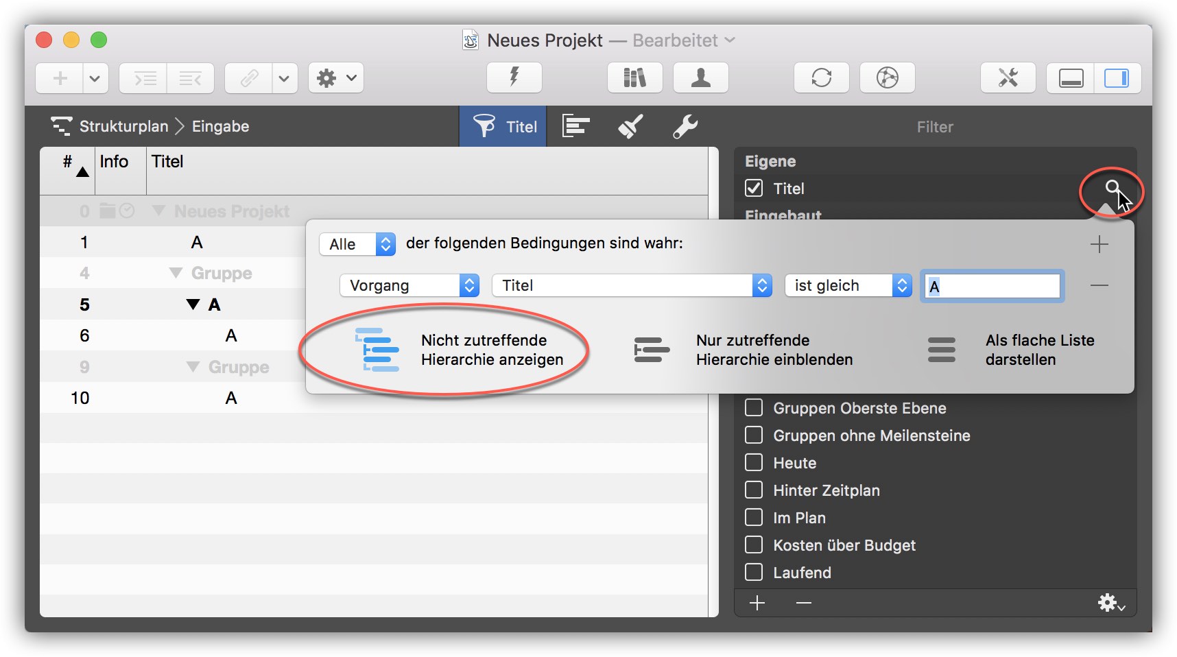 Filterergebnisse in Merlin Project