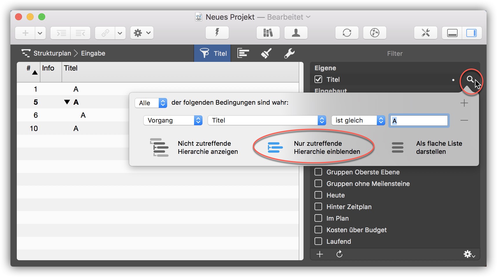 Filterergebnisse in Merlin Project