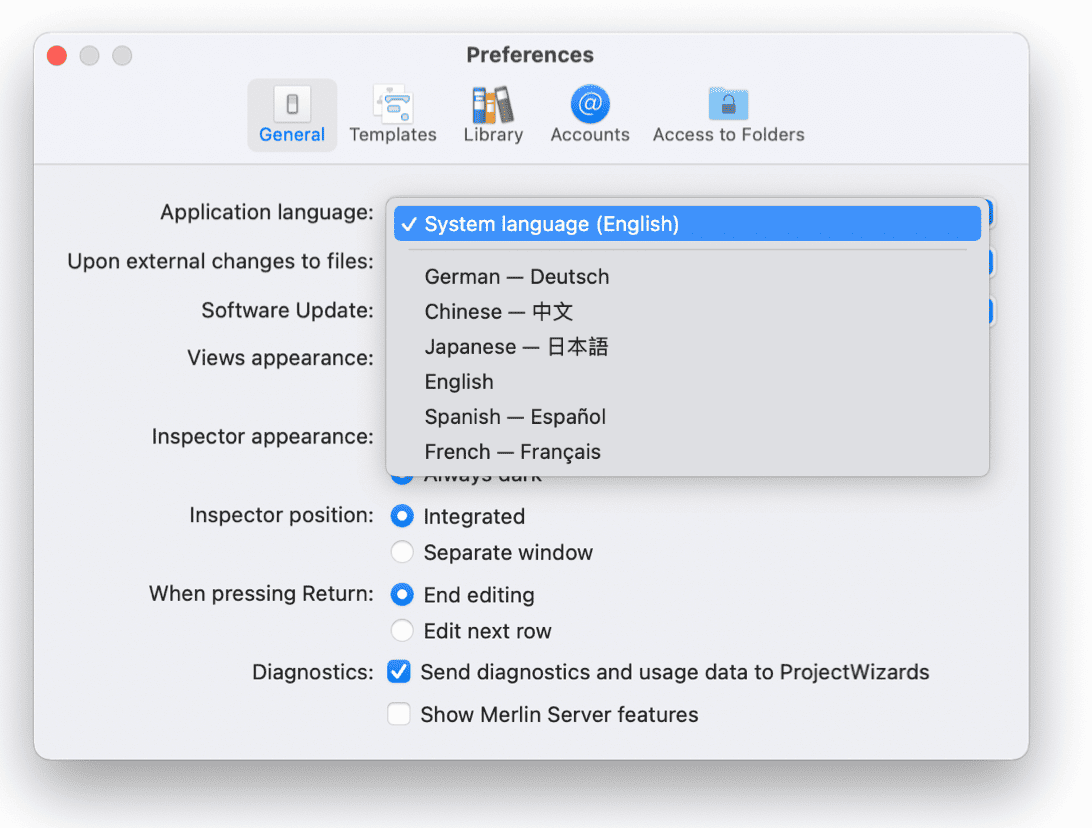 Select the language in Merlin Project Select the language in Merlin Project
