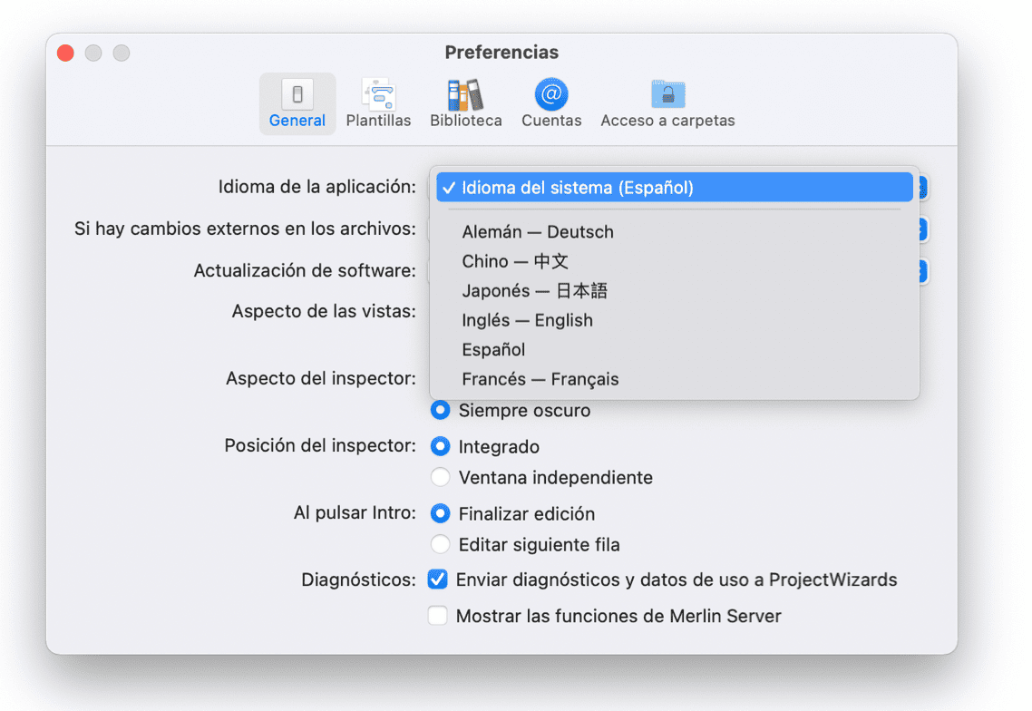 Seleccionar idioma en Merlin Project Seleccionar idioma en Merlin Project